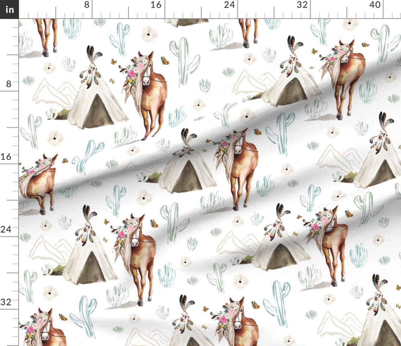 Various Fabrics by the Yard or Fat Quarter Spring Boho Floral Horse White Flowers Feathers Western Tribal Custom Printed Fabric by Spoonflower